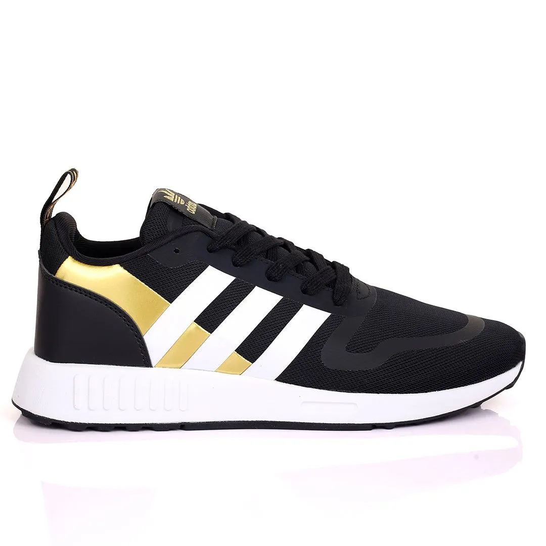 AD Comfy Black And Gold With White Stripe Design And White Sole Designed Sneakers