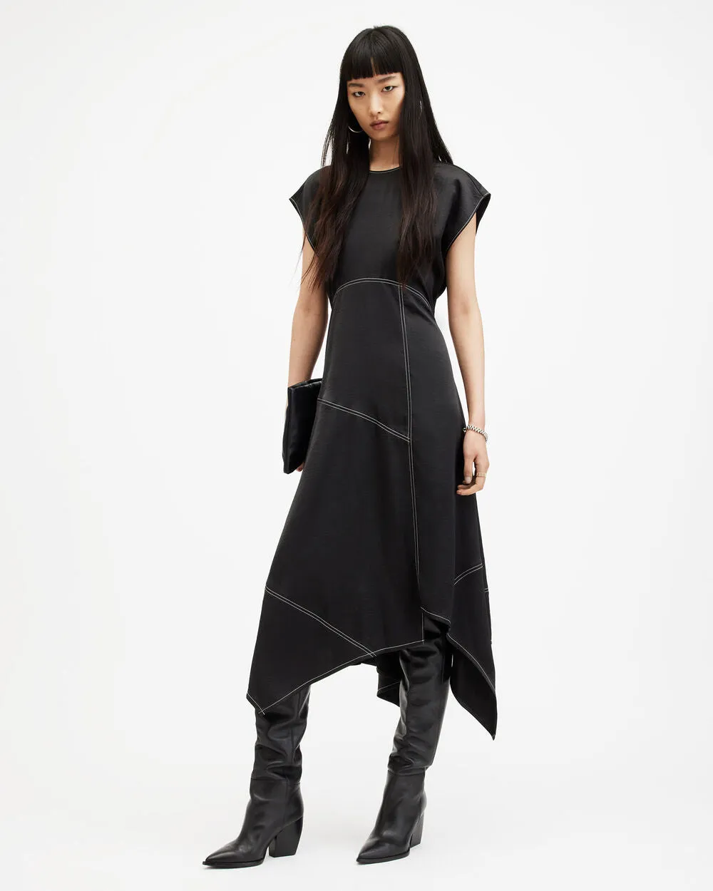 Agnes Asymmetrical Maxi Dress with AllSaints Panels, Black