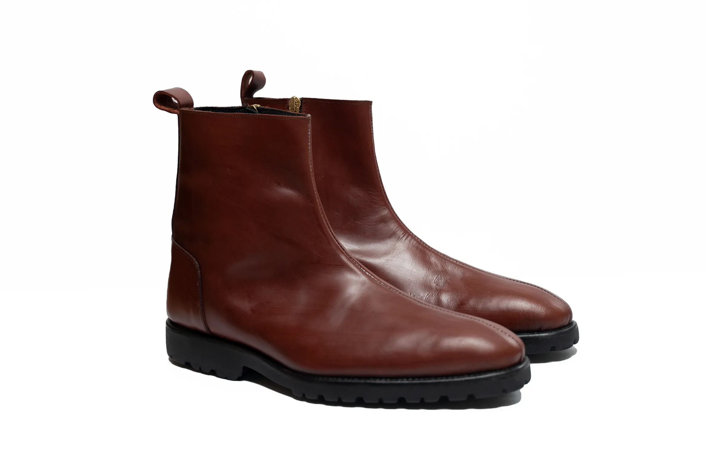 Ajadi Biker Boots in Brown Leather with Side Zipper and Lug Rubber Soles