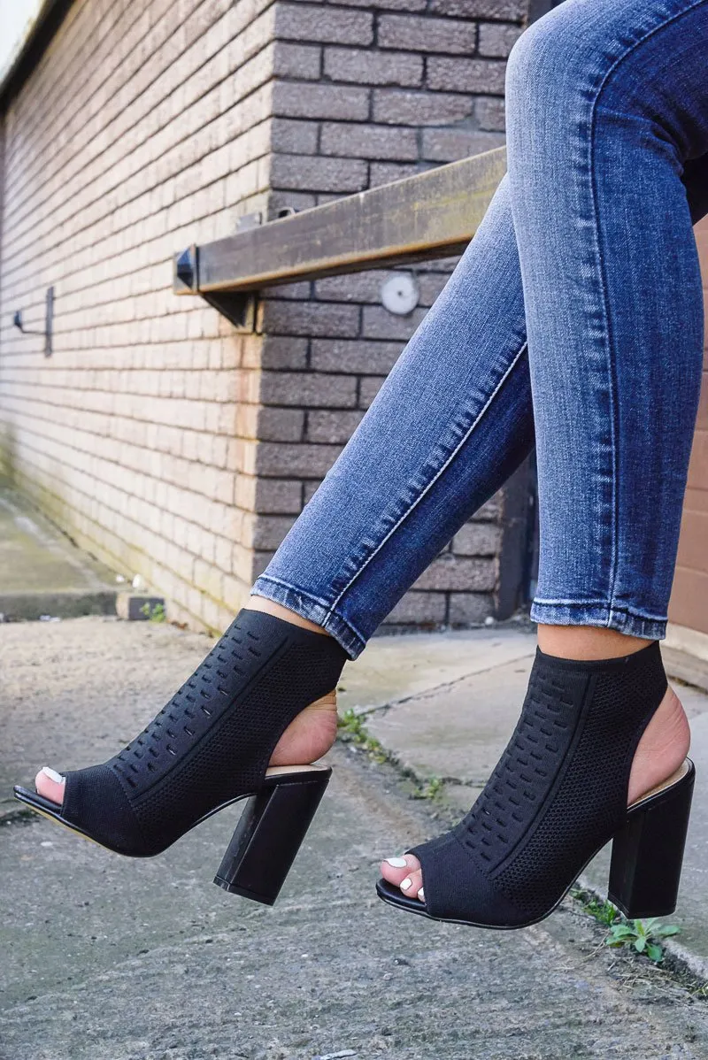 Black Peep Toe Knitted Block Heel Sock Boots - Murielle