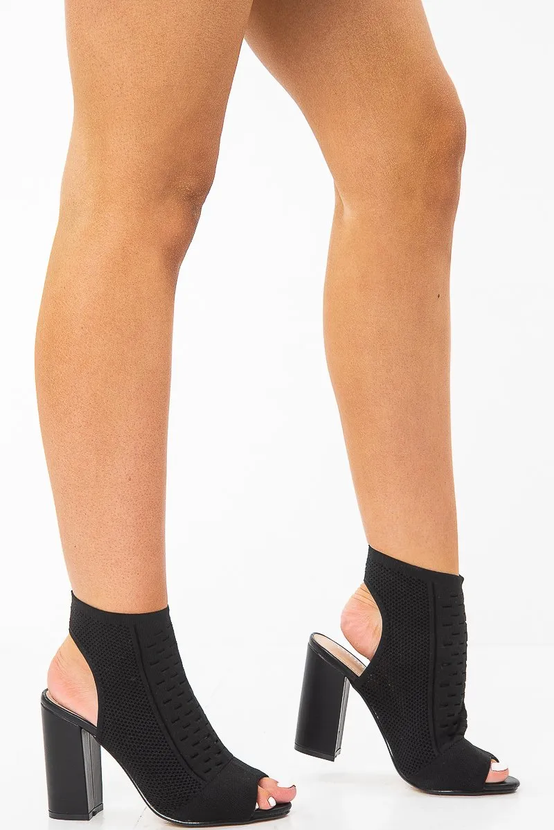 Black Peep Toe Knitted Block Heel Sock Boots - Murielle