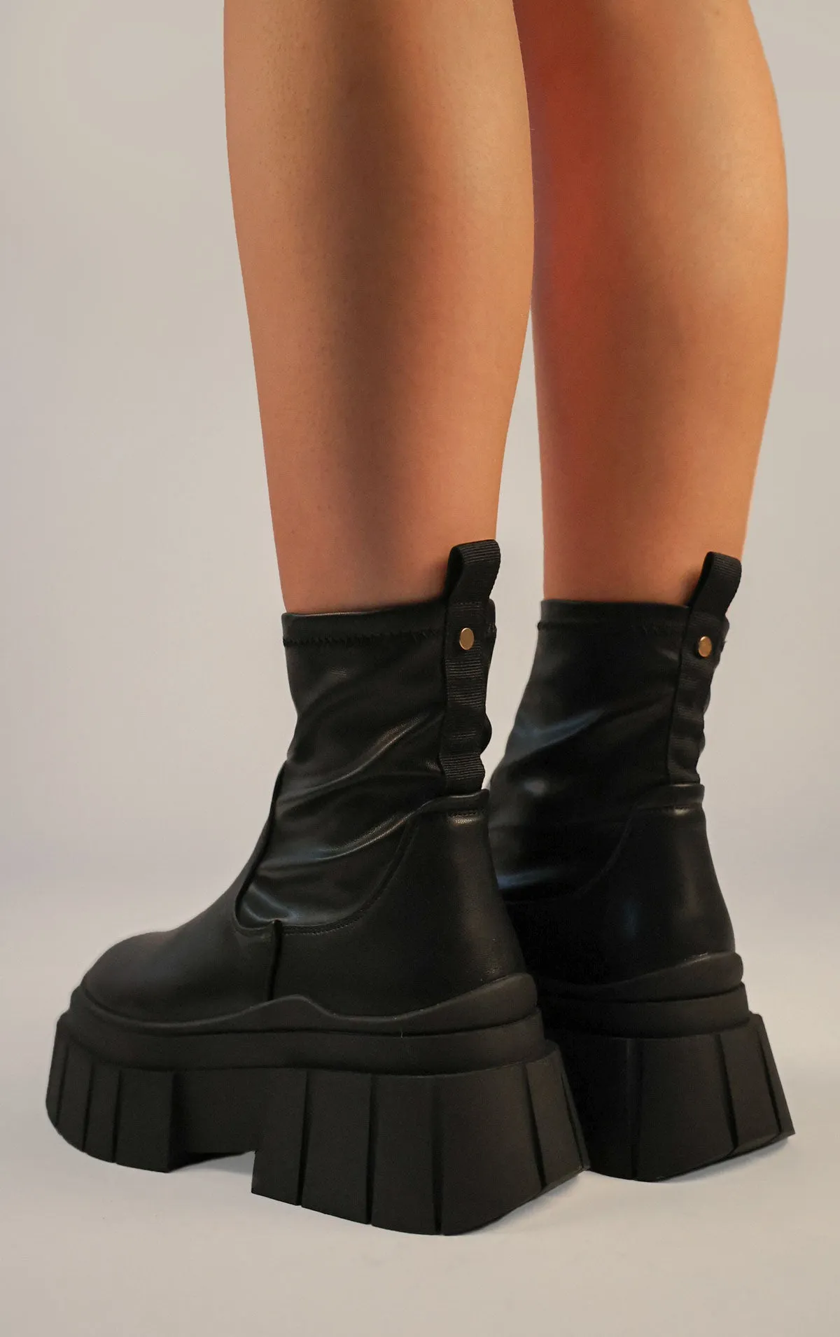 Black PU Leather Chunky Platform Chelsea Ankle Boot