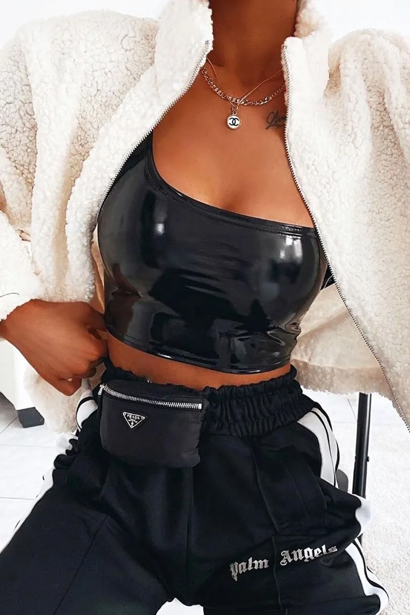 Black PU One Shoulder Crop Top - Sury