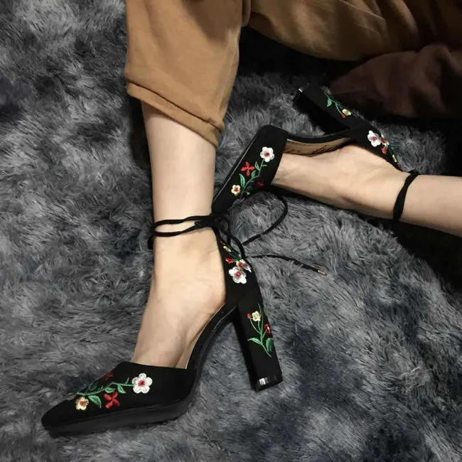 Embroider Women Pumps High Heels Pointed Toe Lace Up Cross-Tie Elegant Ladies Shoes