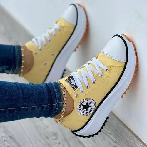 Flat Lace Up Sneakers Pattern Canvas Casual Sport Shoes For Women