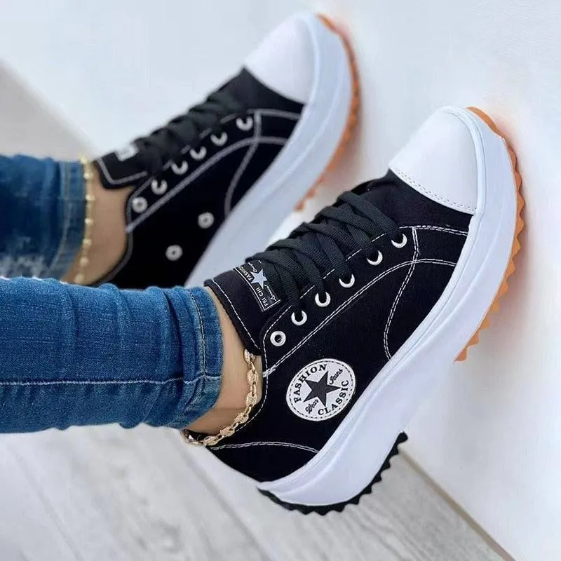 Flat Lace Up Sneakers Pattern Canvas Casual Sport Shoes For Women