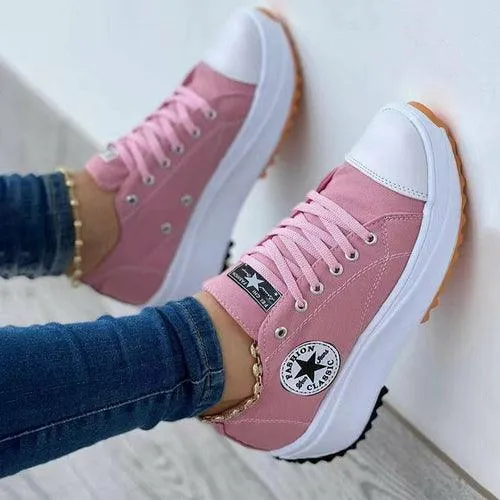 Flat Lace Up Sneakers Pattern Canvas Casual Sport Shoes For Women