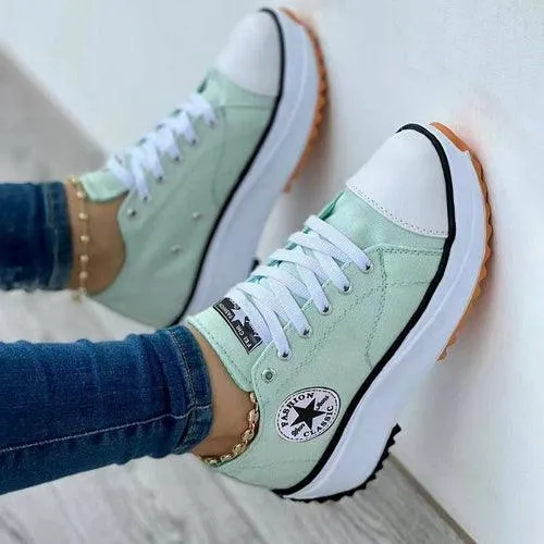 Flat Lace Up Sneakers Pattern Canvas Casual Sport Shoes For Women