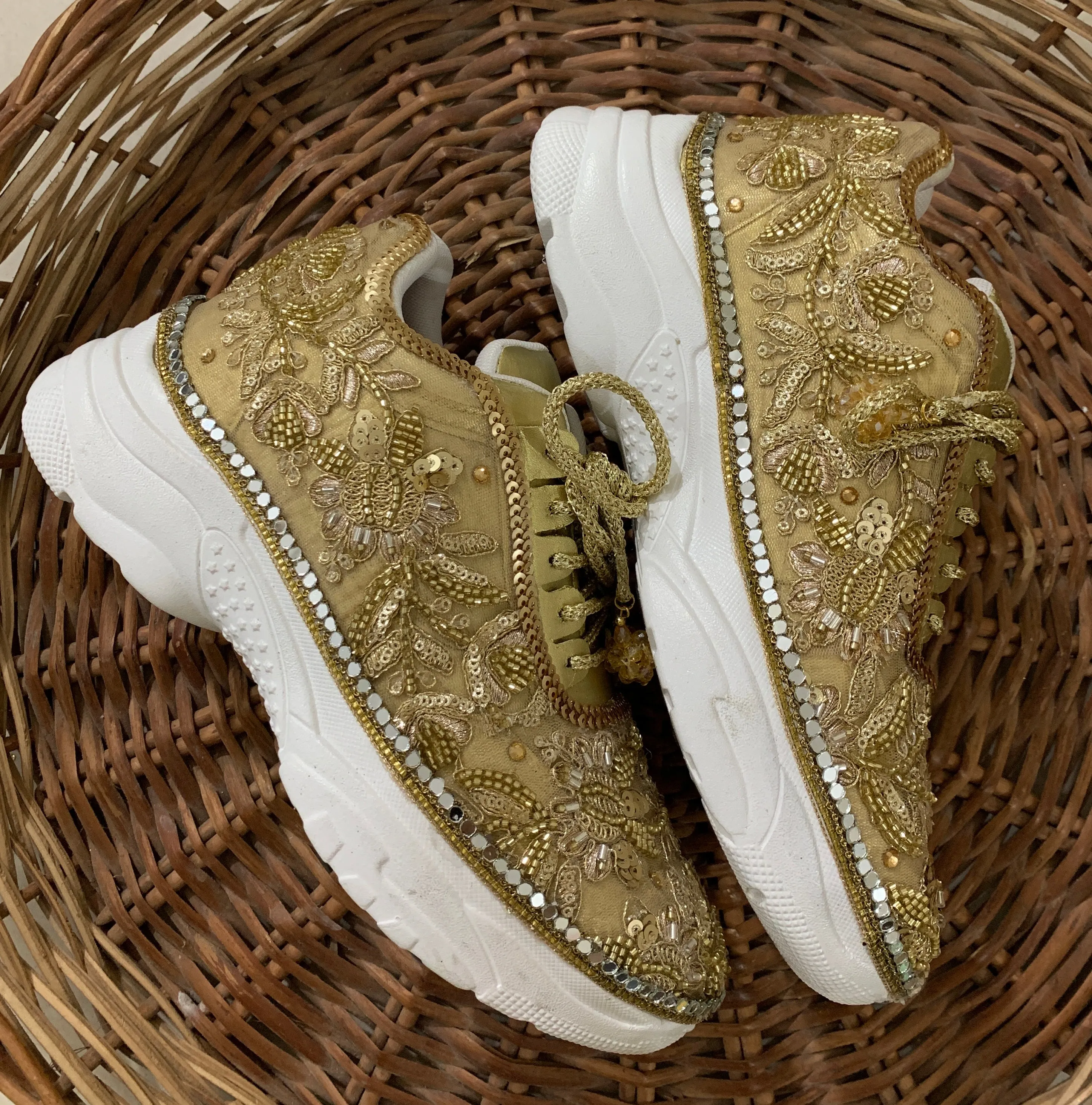 Funky N Trendy hand crafted golden bridal sneakers bridesmaid sneakers/ gold sneakers / golden sneakers / mirror sneakers/hand embroidered sneakers