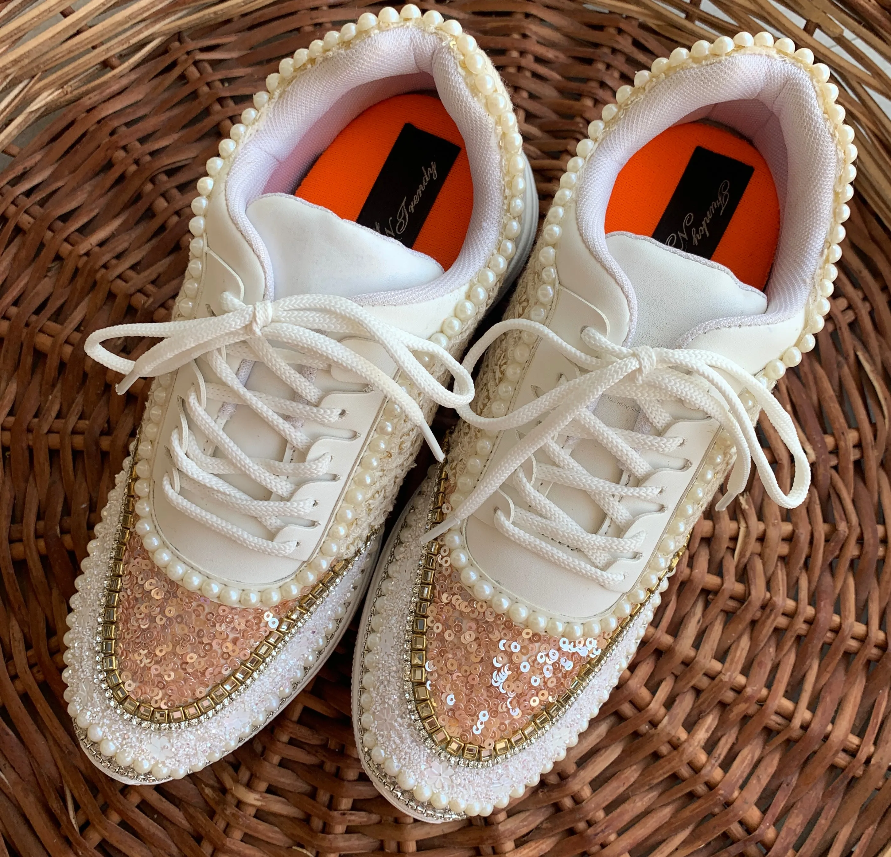 FUNKY N TRENDY ivory and tan peach sneakers with pearl detailing for brides / bridesmaids/ ivory sneakers / beige sneakers / tan peach shoes/ rose gold sneakers / rose gold shoes