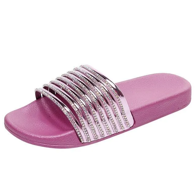 Glossy Flash Drill Slippers for Women in Solid Colors