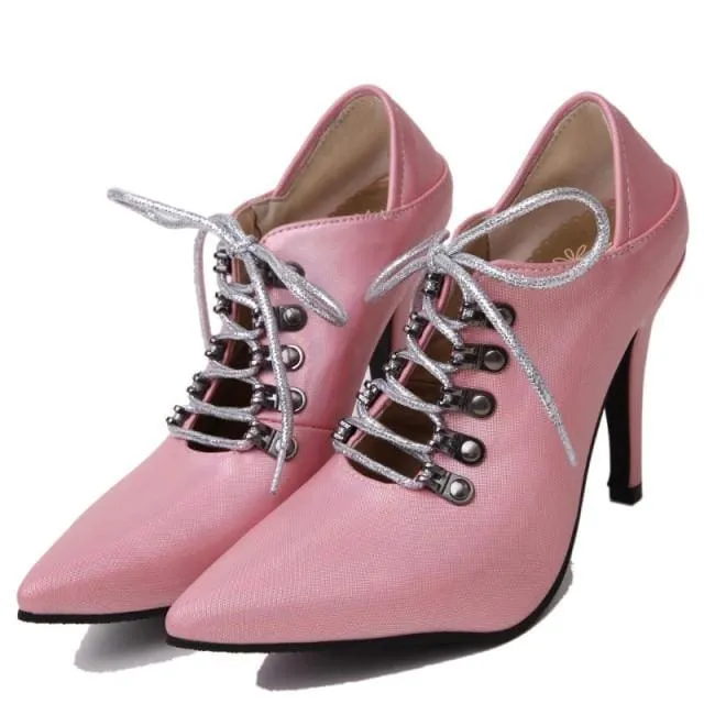 Gothic Ladies Fashion Pointed Toe Cross Tied Extreme High Heels