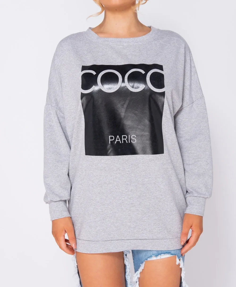 Grey Coco Print Oversized Sweatshirt