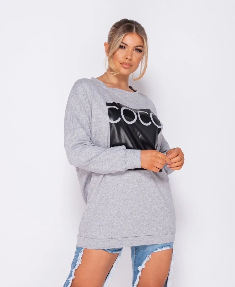 Grey Coco Print Oversized Sweatshirt