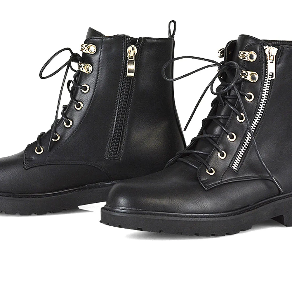 Halsey Flat Zip up Detail Chunky Sole Lace up Biker Ankle Boots In Black Patent