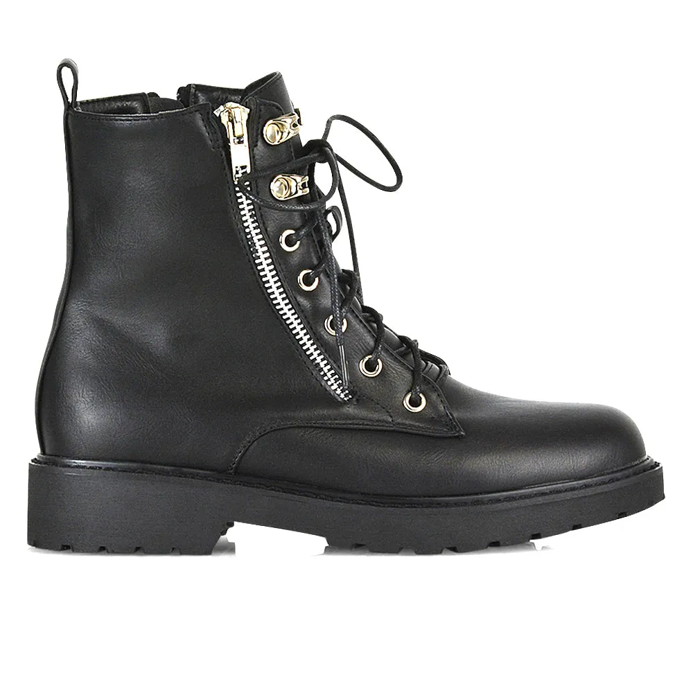 Halsey Flat Zip up Detail Chunky Sole Lace up Biker Ankle Boots In Black Patent