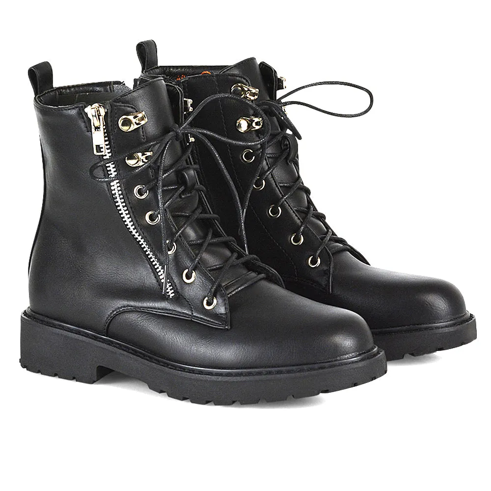 Halsey Flat Zip up Detail Chunky Sole Lace up Biker Ankle Boots In Black Patent