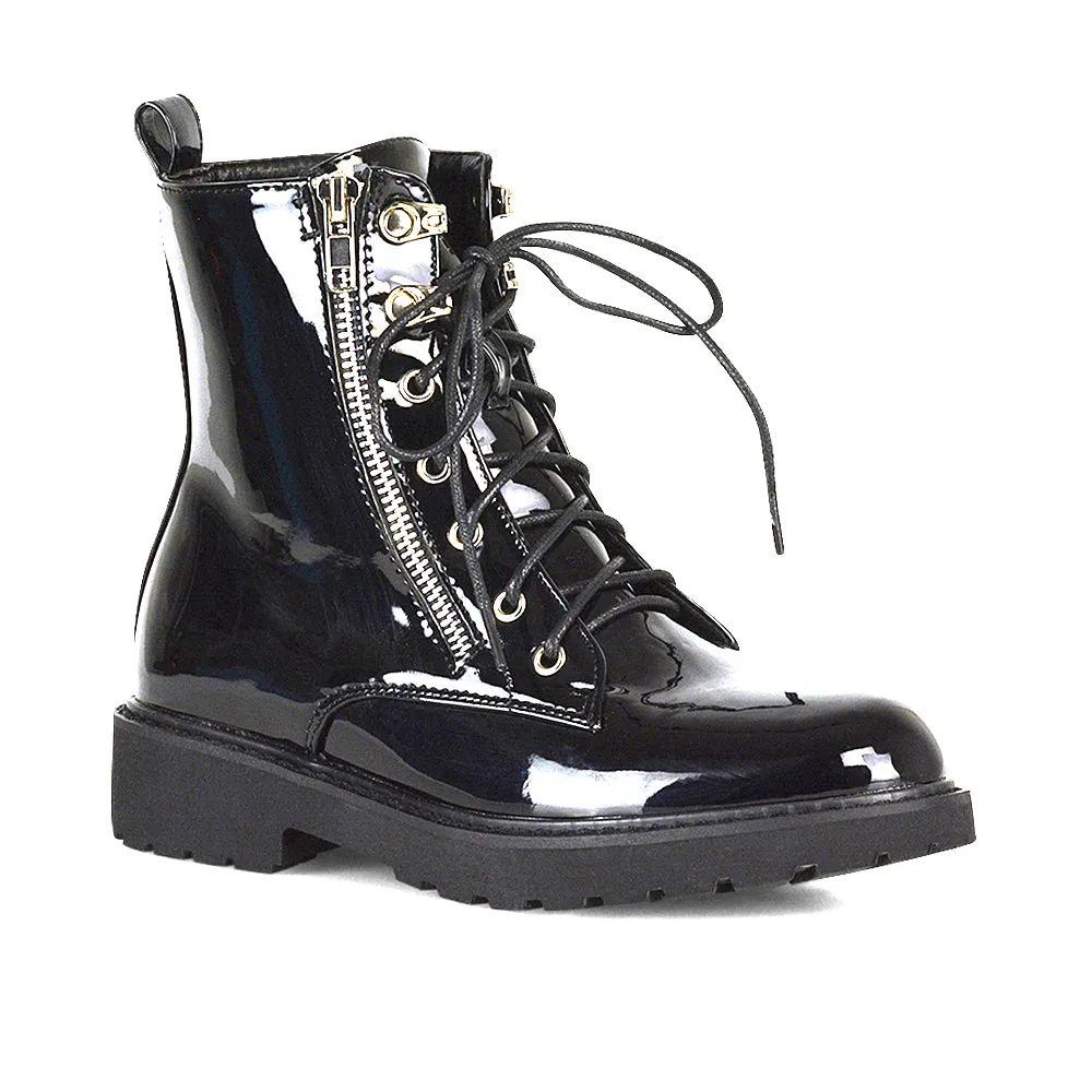 Halsey Flat Zip up Detail Chunky Sole Lace up Biker Ankle Boots In Black Patent