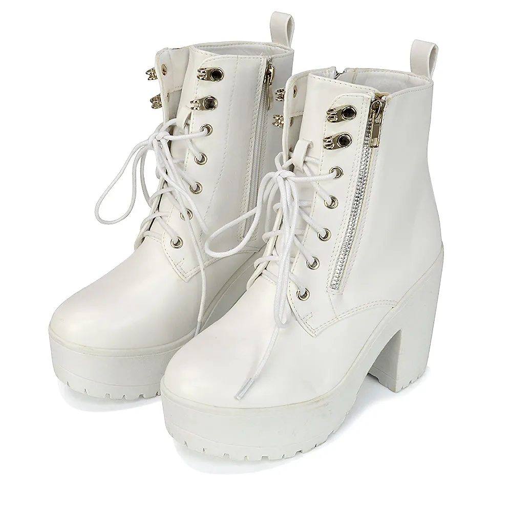 Harlin Combat Platform Block High Heel Ankle Boots in White Synthetic Leather