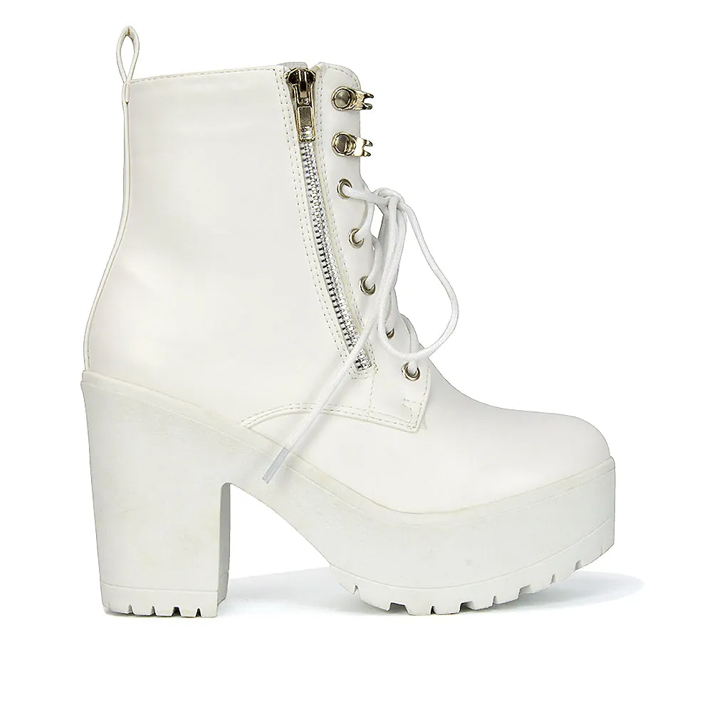 Harlin Combat Platform Block High Heel Ankle Boots in White Synthetic Leather