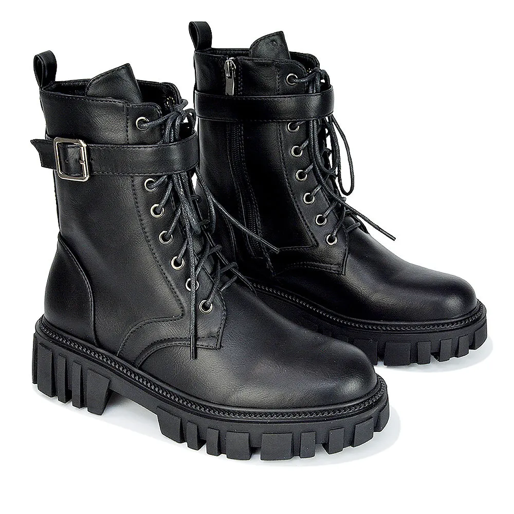 Izzy Buckle up Biker Military Lace up Ankle Boots in Black Patent