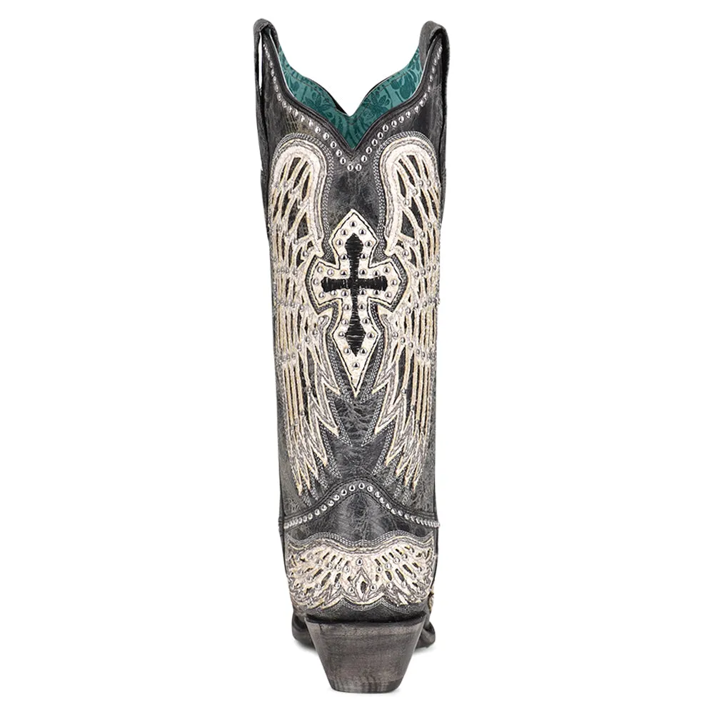 Ld Cross & Wings Overlay & Studs Snip Toe Cowboy Boots