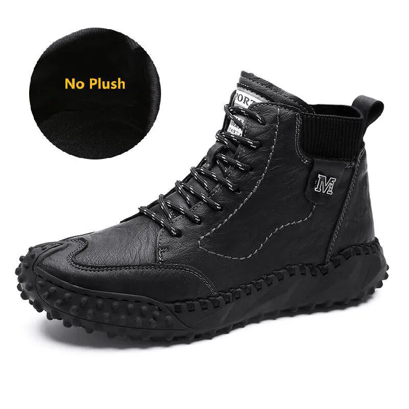 Men Ankle Boots Winter Warm Snow Boots Thick Plush Men Handmade Leather Boots Outdoor Waterproof Work Boots