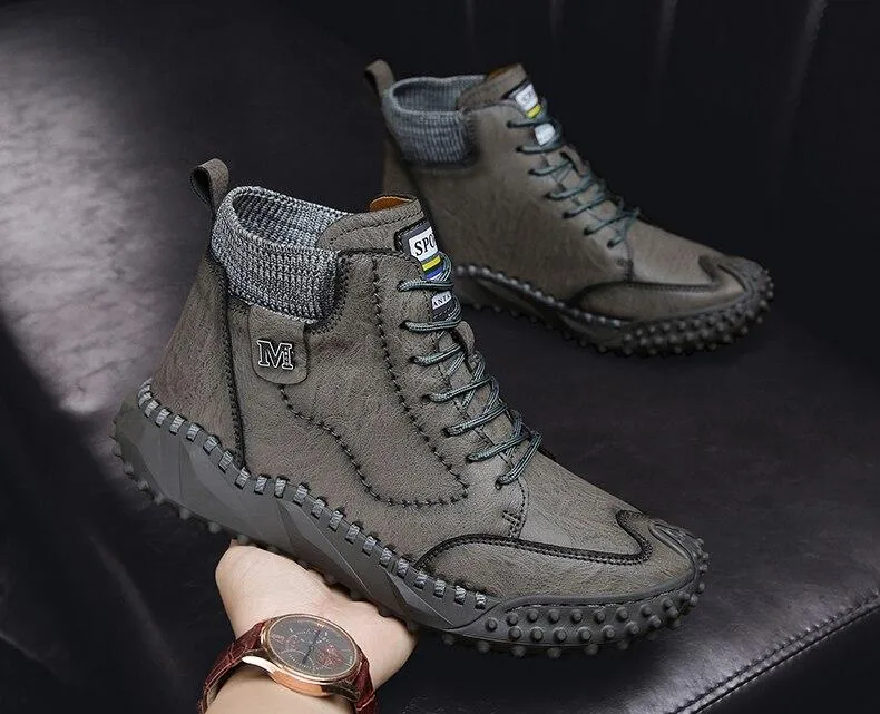 Men Ankle Boots Winter Warm Snow Boots Thick Plush Men Handmade Leather Boots Outdoor Waterproof Work Boots