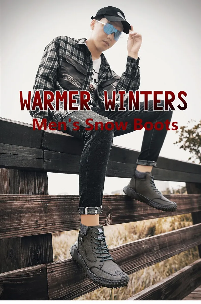 Men Ankle Boots Winter Warm Snow Boots Thick Plush Men Handmade Leather Boots Outdoor Waterproof Work Boots