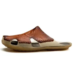 Men's Casual Leather Beach Slippers - Comfortable Large Size Flat Shoes for Summer