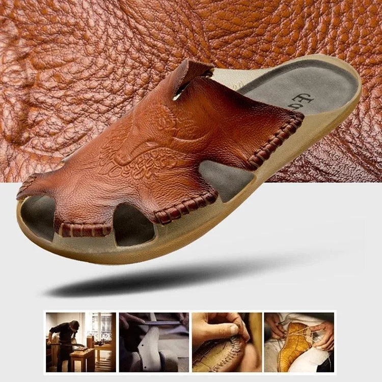 Men's Casual Leather Beach Slippers - Comfortable Large Size Flat Shoes for Summer