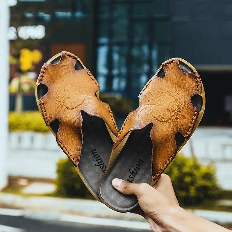 Men's Casual Leather Beach Slippers - Comfortable Large Size Flat Shoes for Summer