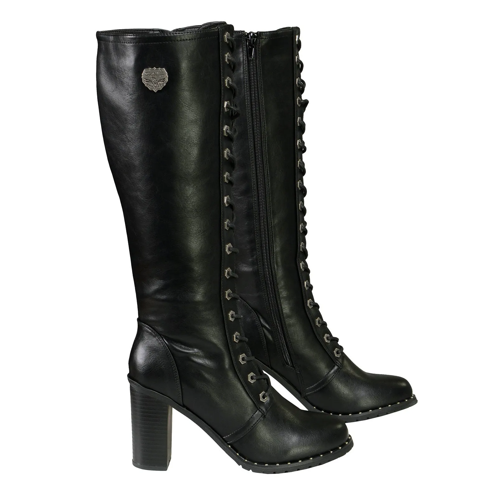 Milwaukee Leather X9442 Women's Black Lace-Up Tall Fashion Biker Boots with High Heel & Studs