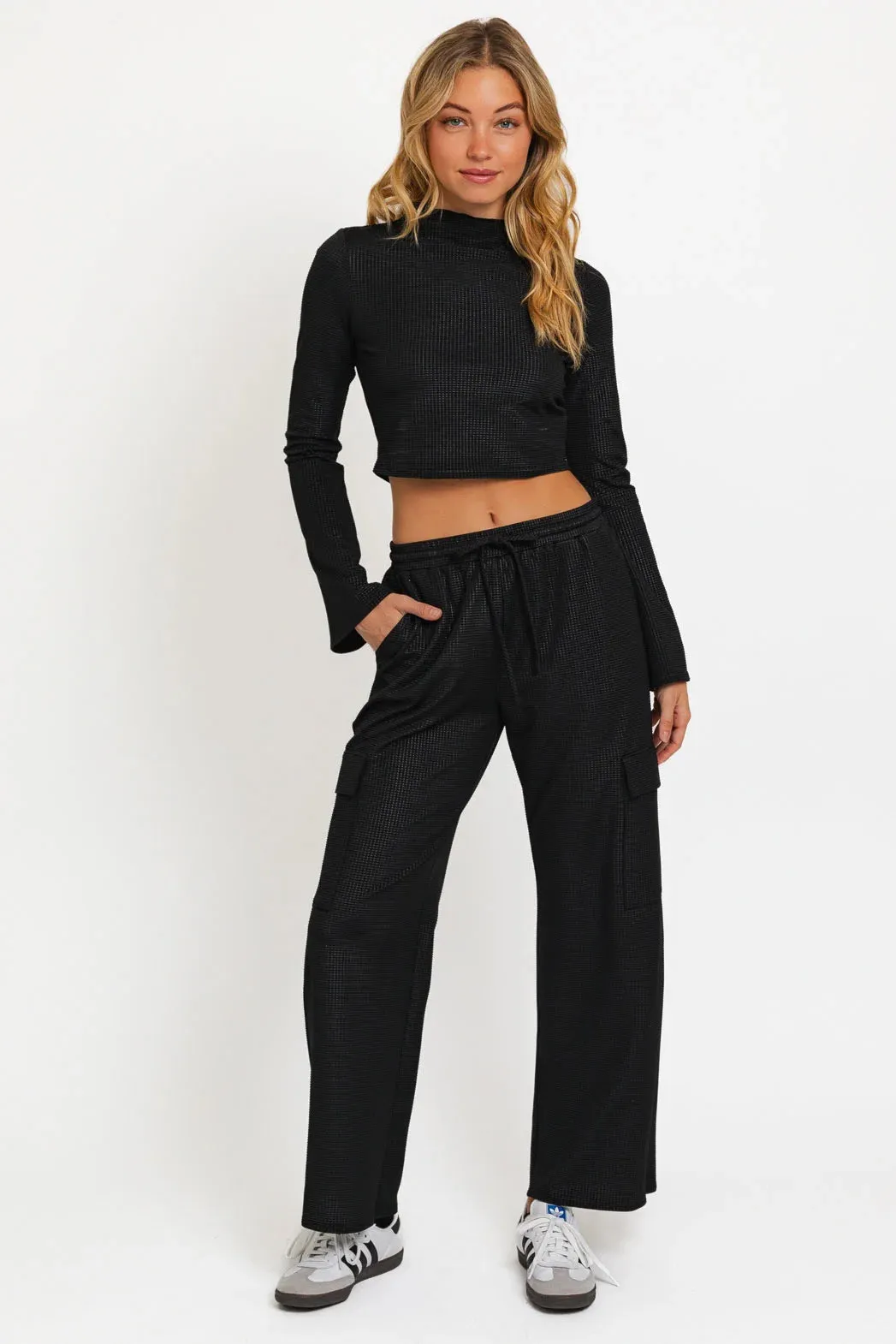 Mock neck Bell Sleeve Crop Top & Knit Cargo Pants Set