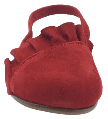 Papanatas by Eli Girl's Red Suede Elastic Cross Ruffle Slip On Sandal Mule Flats