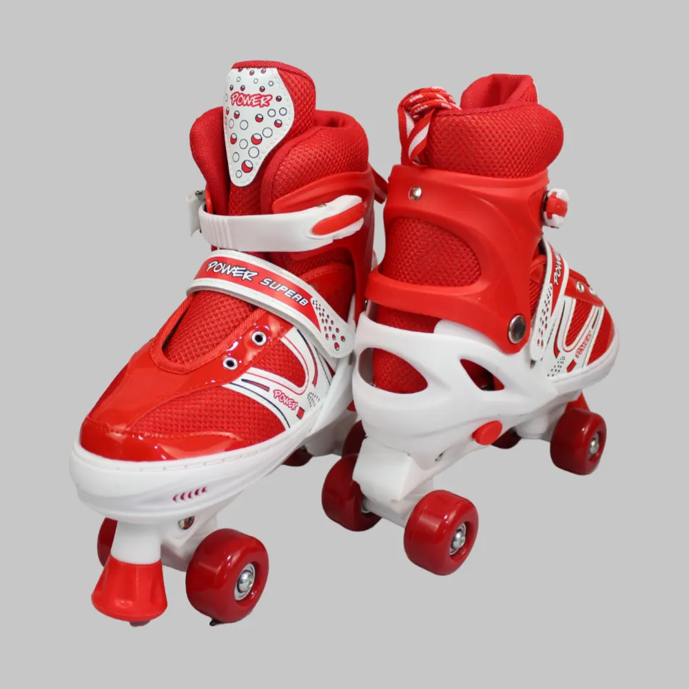 Power Superb Adjustable Roller Skate Shoes 2-Rows 4-Wheels (Large, Red)