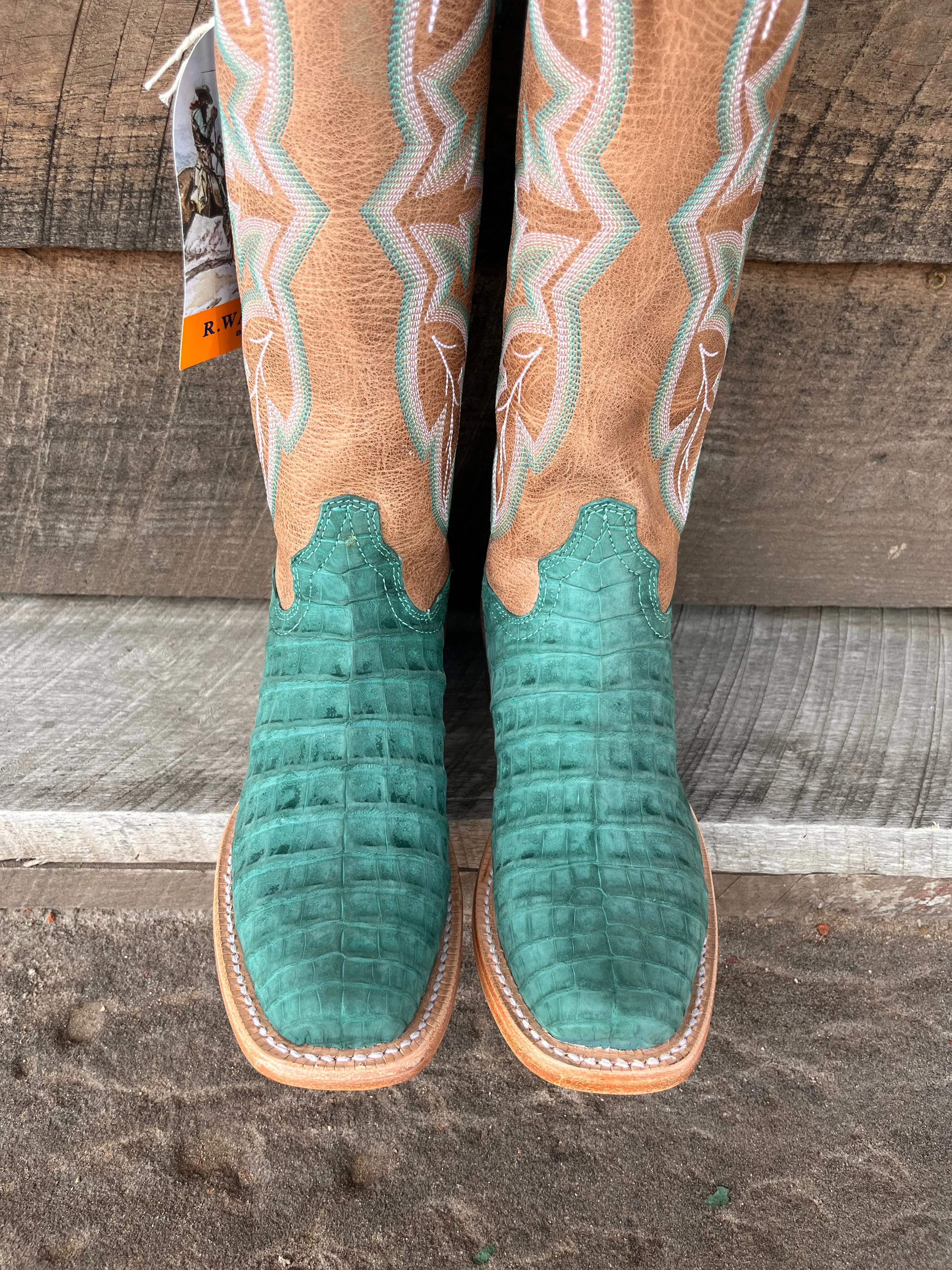 R. Watson Women's Nubuck Turquoise Caiman Belly Narrow Square Toe Cowgirl Boots RWL2011