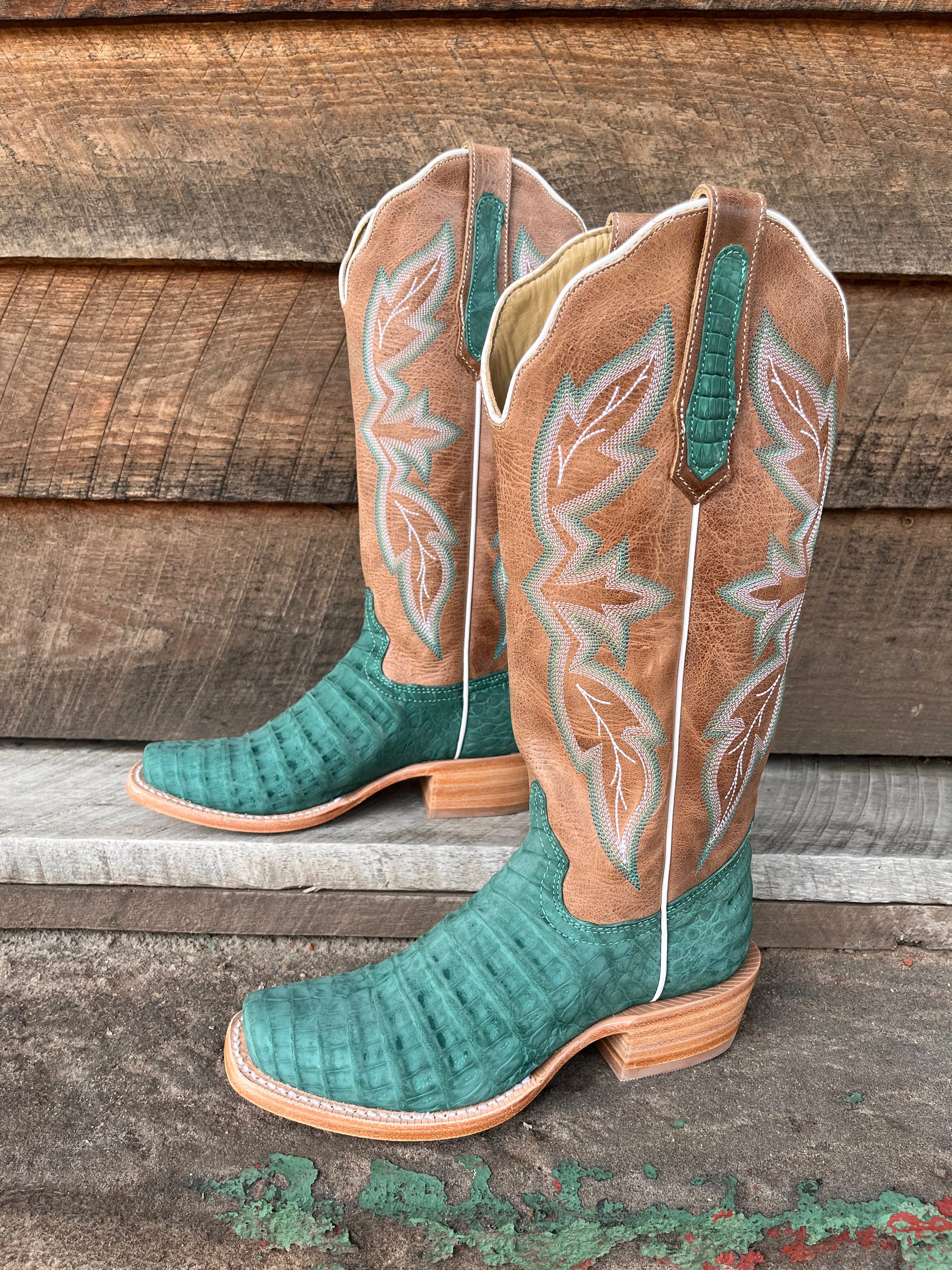 R. Watson Women's Nubuck Turquoise Caiman Belly Narrow Square Toe Cowgirl Boots RWL2011