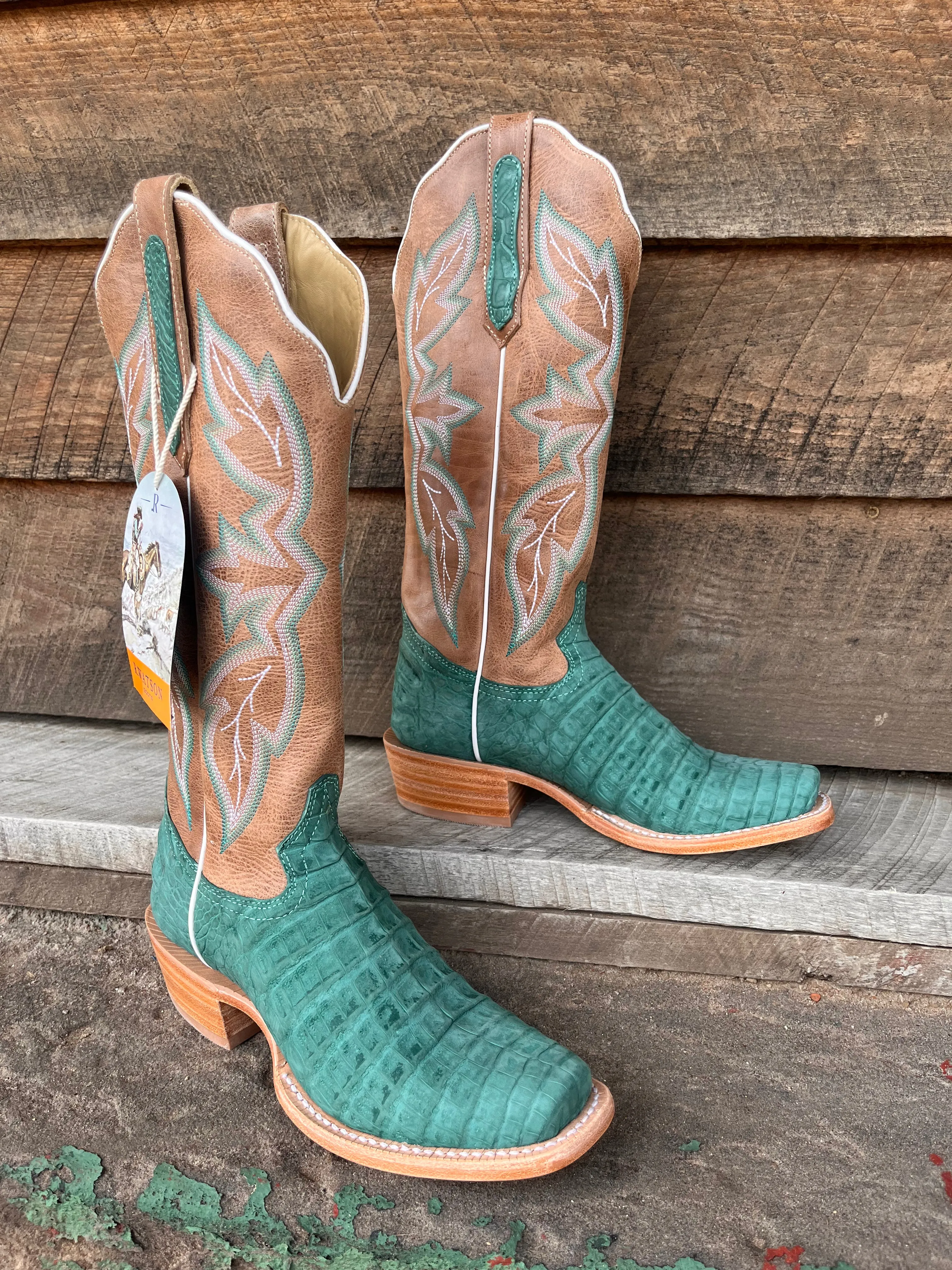 R. Watson Women's Nubuck Turquoise Caiman Belly Narrow Square Toe Cowgirl Boots RWL2011