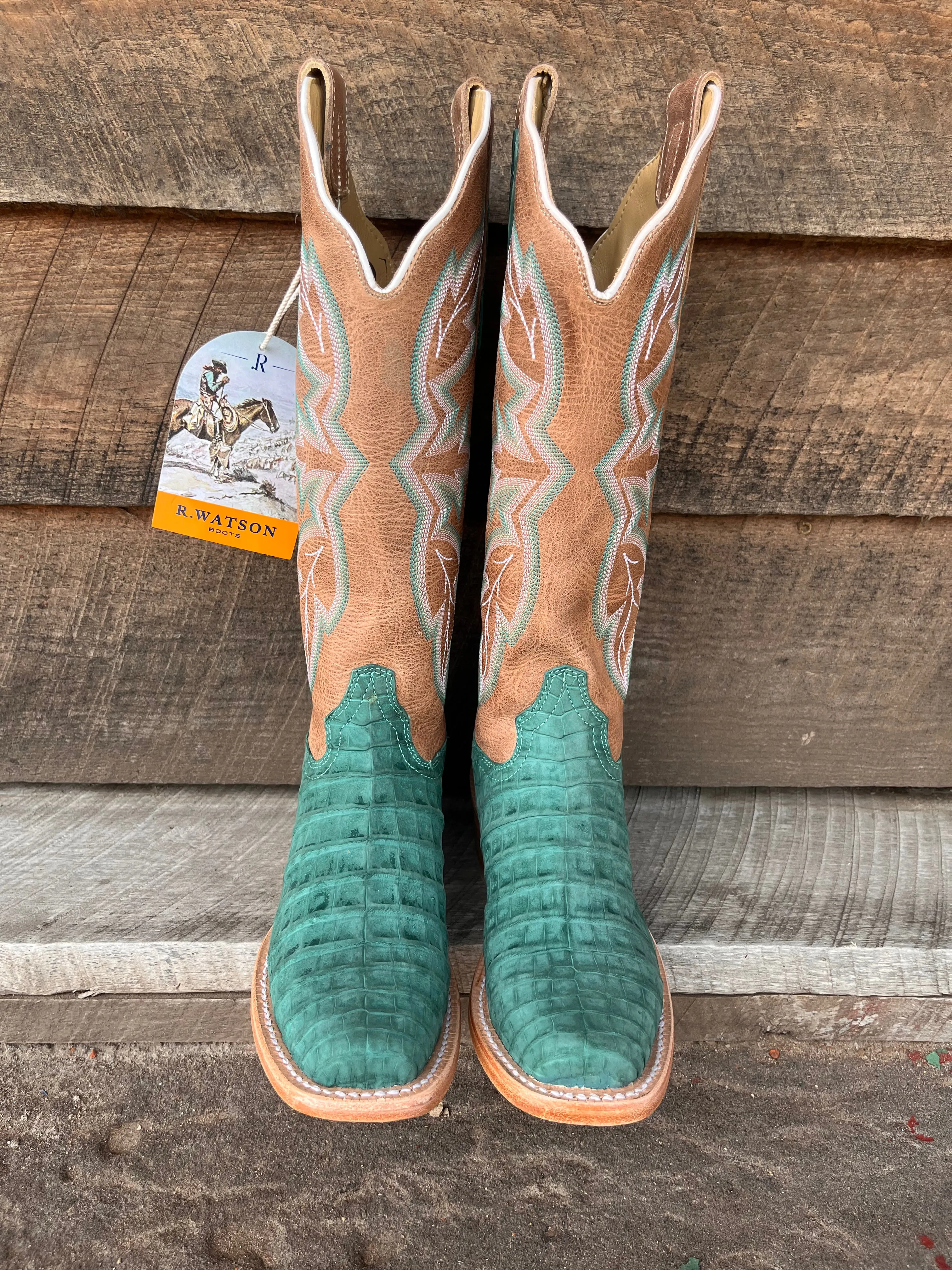 R. Watson Women's Nubuck Turquoise Caiman Belly Narrow Square Toe Cowgirl Boots RWL2011