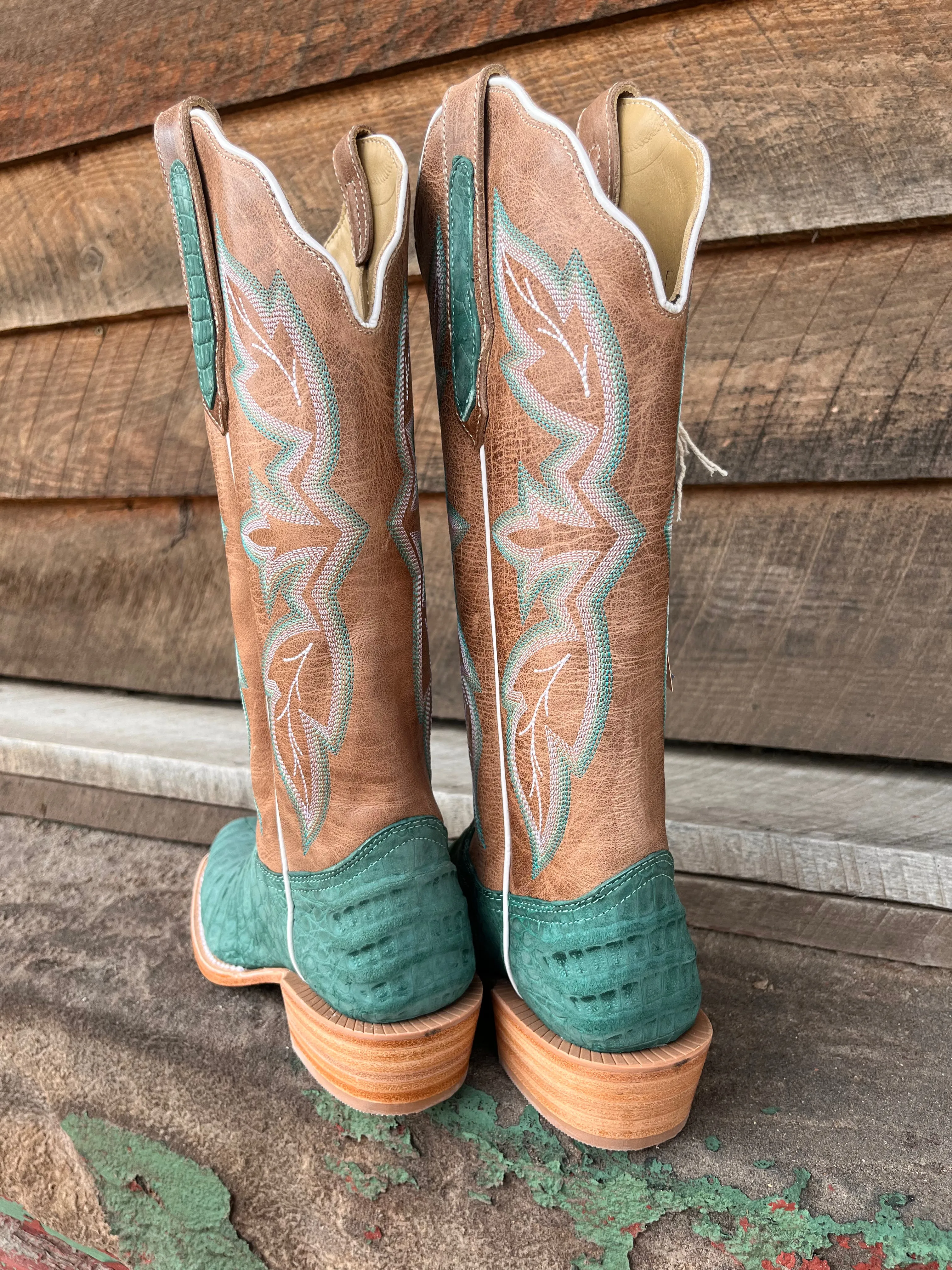 R. Watson Women's Nubuck Turquoise Caiman Belly Narrow Square Toe Cowgirl Boots RWL2011