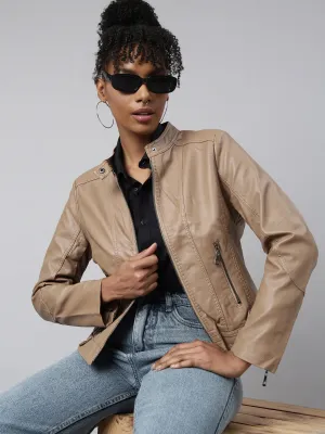 Women Solid Camel Brown Biker Jacket