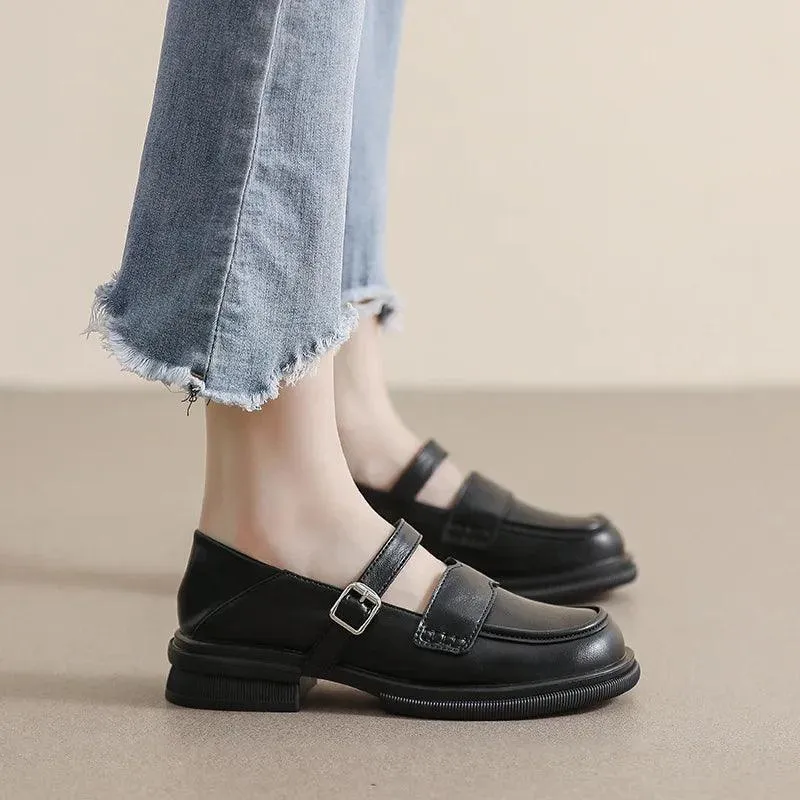 Women's Casual Shoes - CS105-3 Black Low Heel Leather Loafers