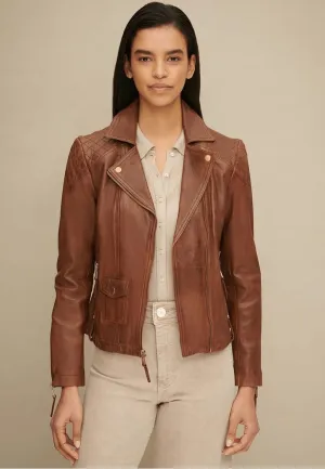 Women's Tan Brown Leather Biker Jacket