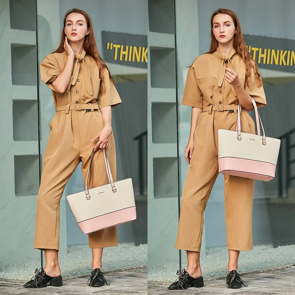 YTL Damen Handtasche Tote Shopper Groß Schultertasche Umhängetasche Geldbörse Kartenhalter Tasche 4-teiliges Set für Büro Schule Einkauf Reise Geschenk beige rosa