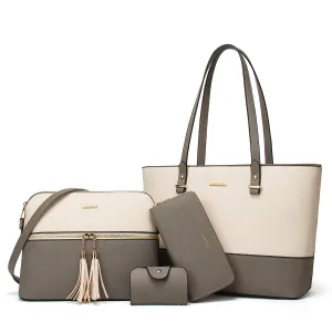 YTL Damen Handtasche Tote Shopper Groß Schultertasche Umhängetasche Geldbörse Kartenhalter Tasche 4-teiliges Set für Büro Schule Einkauf Reise Geschenk grau beige